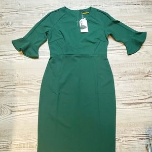 Green dress with bell shaped sleeve, 24 inches from waist to hem.